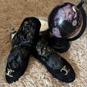 Authentic Louis Vuitton Black Loafers with Gold LV Logo